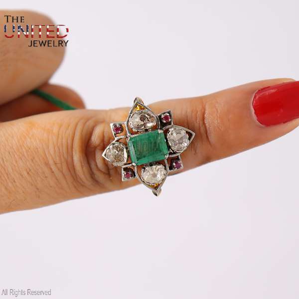 Emerald Centerpiece with Diamond & Ruby Accents 925 Silver Ring