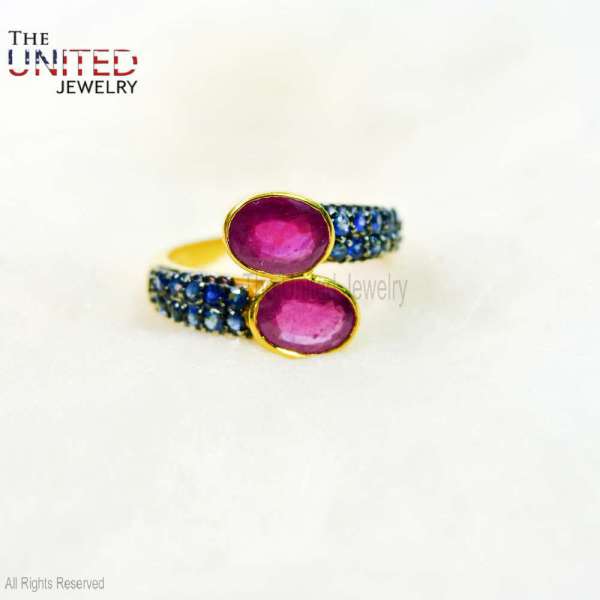 Artisan Toi et Moi Ruby & Sapphire 925 Sterling Silver Bypass Ring