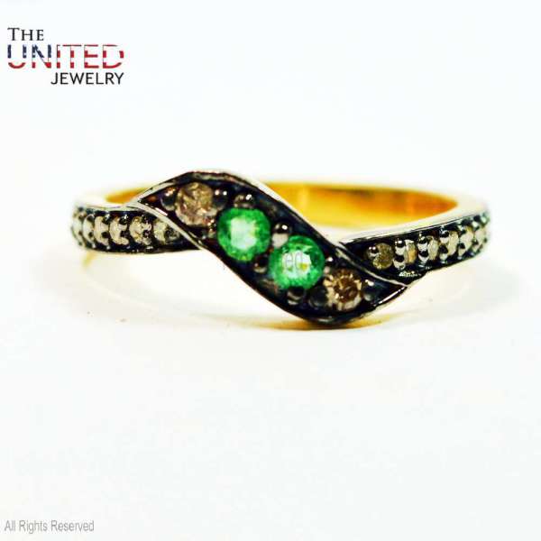 925 Sterling Silver Gold-Plated Emerald Green Leaf Bypass Band Ring