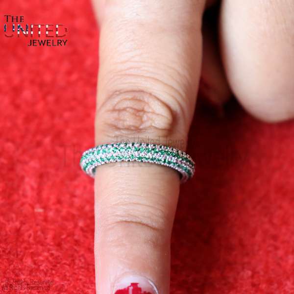 Green & White Diamond Pavé 925 Sterling Silver Eternity Band