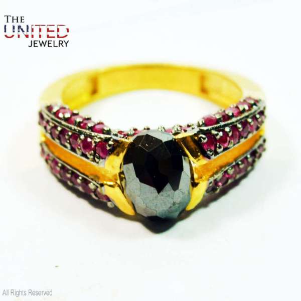 Artisan Hematite & Ruby 925 Sterling Silver Gold-Plated Statement Ring