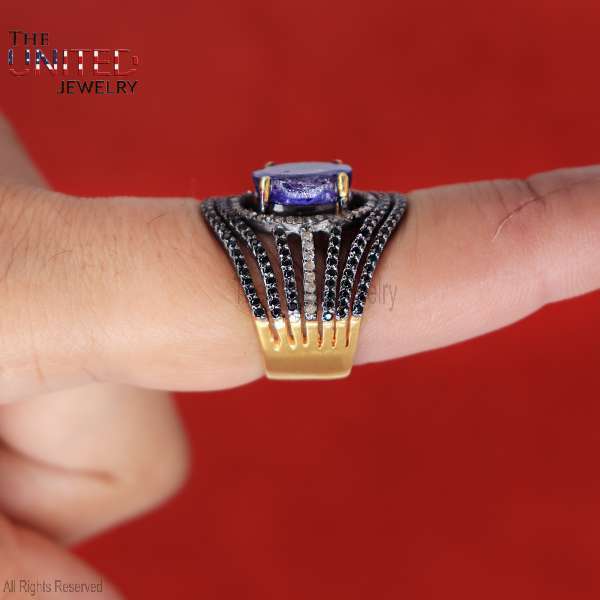 Natural Tanzanite 925 Sterling Silver Ring | Black Spinel Halo Statement Band