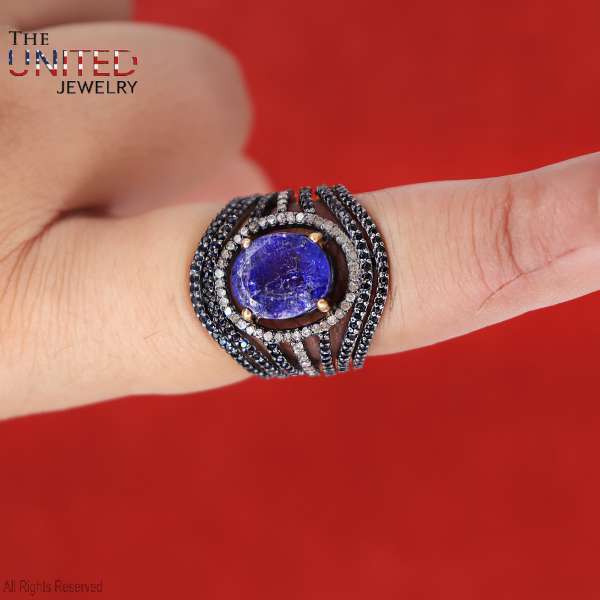 Natural Tanzanite 925 Sterling Silver Ring | Black Spinel Halo Statement Band