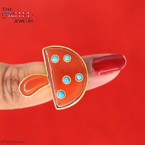 Mushroom Statement Ring 925 Sterling Silver | Oversized Coral & Turquoise Enamel Band