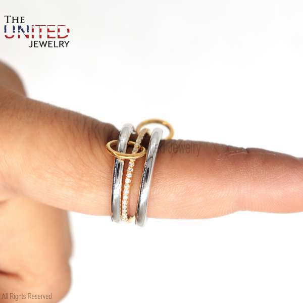 925 Sterling Silver Interlocking Rolling Ring with Two-Tone Gold Accents and CZ Inlay