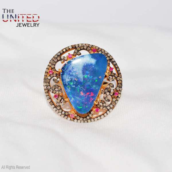Natural Blue Opal Statement Ring in 925 Sterling Silver