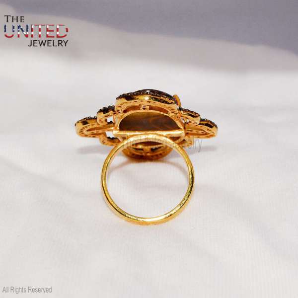 925 Sterling Silver Gold-Plated Blue Fire Opal Scalloped Clover Statement Ring