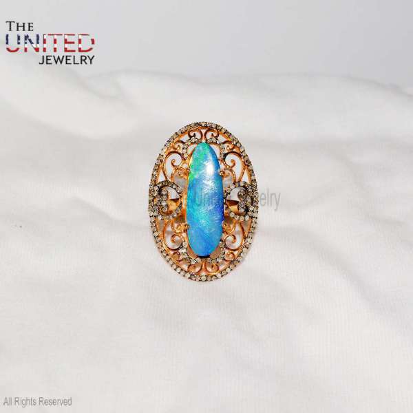 Art Deco Blue Fire Opal Statement Ring in 925 Sterling Silver