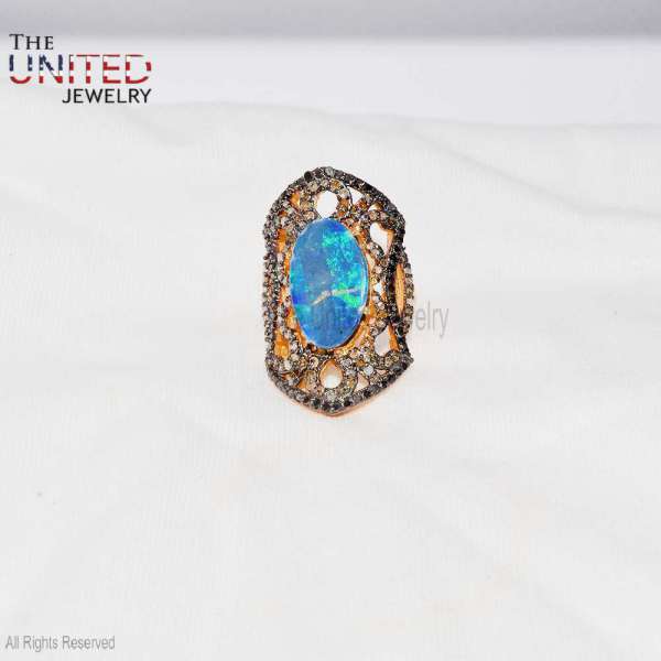 925 Sterling Silver Gold-Plated Long Filigree Blue Fire Opal Shield Ring