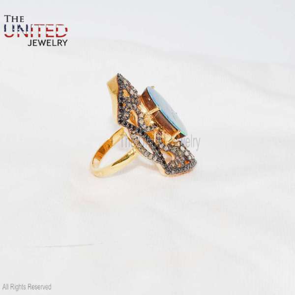 925 Sterling Silver Gold-Plated Long Filigree Blue Fire Opal Shield Ring