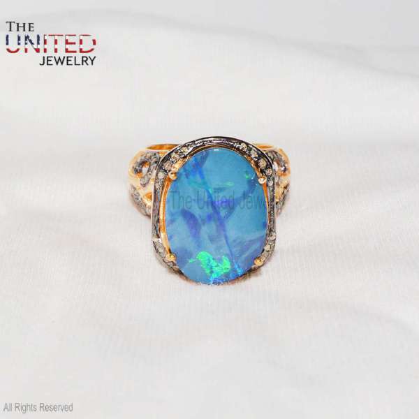 Natural Blue Fire Opal Statement Ring in 925 Sterling Silver