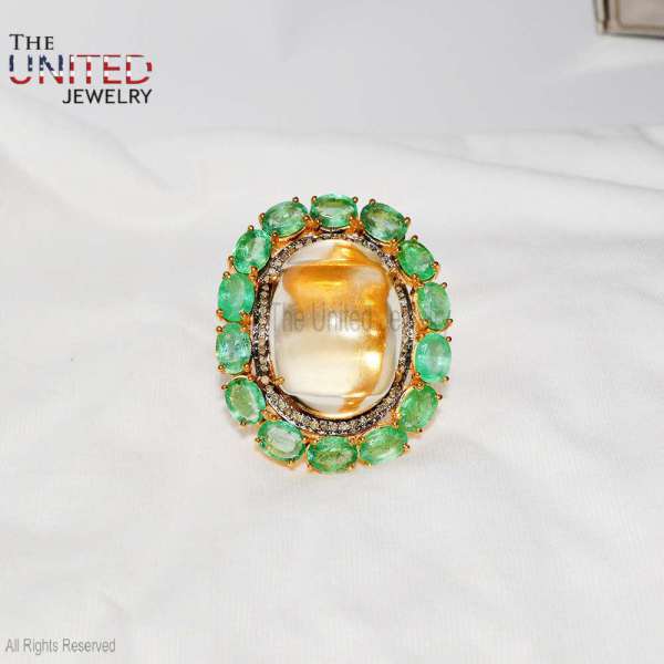 Natural Emerald & Crystal Quartz Statement Ring in 925 Sterling Silver