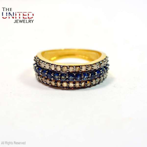 Elegant 925 Sterling Silver Triple-Row Band | Blue & Clear Sparkle Ring