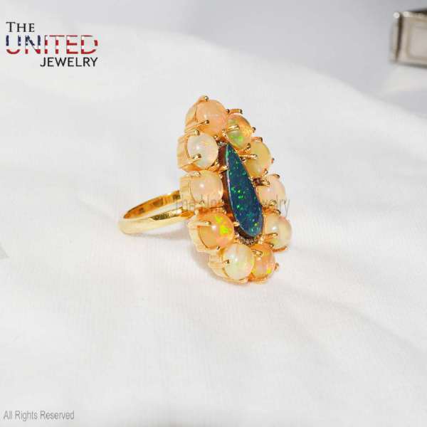 925 Sterling Silver Gold-Plated Pear Blue Fire Opal & Ethiopian Opal Cluster Ring
