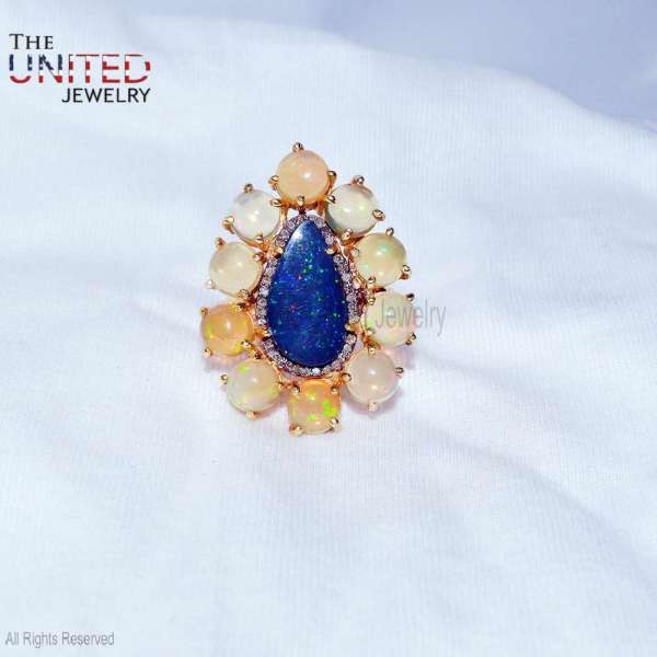 925 Sterling Silver Gold-Plated Pear Blue Fire Opal & Ethiopian Opal Cluster Ring