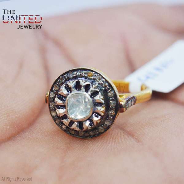 Handcrafted 925 Sterling Silver Victorian Rose Cut Polki Halo Ring