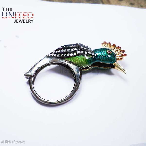 Handmade 925 Sterling Silver Enamel Hoopoe Bird Statement Ring