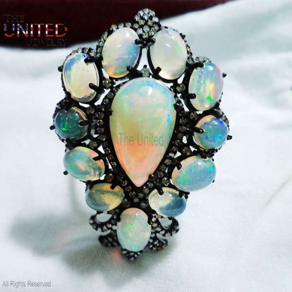 Gothic Luxe Multi-Opal Shield Ring in 925 Sterling Silver