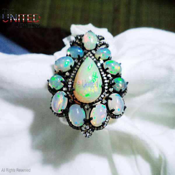 Gothic Luxe Multi-Opal Shield Ring in 925 Sterling Silver