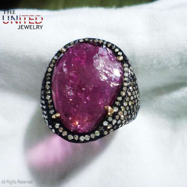 Artisan 925 Sterling Silver Large Pink Tourmaline Pavé Cocktail Ring