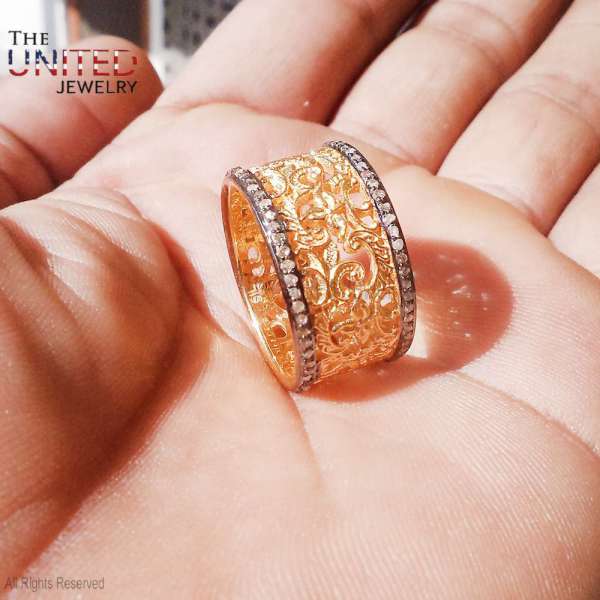 Vintage Filigree Wide Band Ring in 925 Sterling Silver