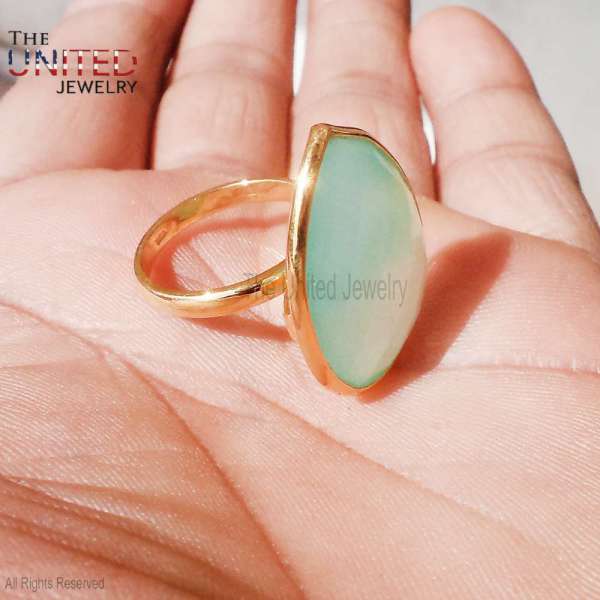 Handmade 925 Sterling Silver Pear-Cut Aqua Chalcedony Bezel Ring