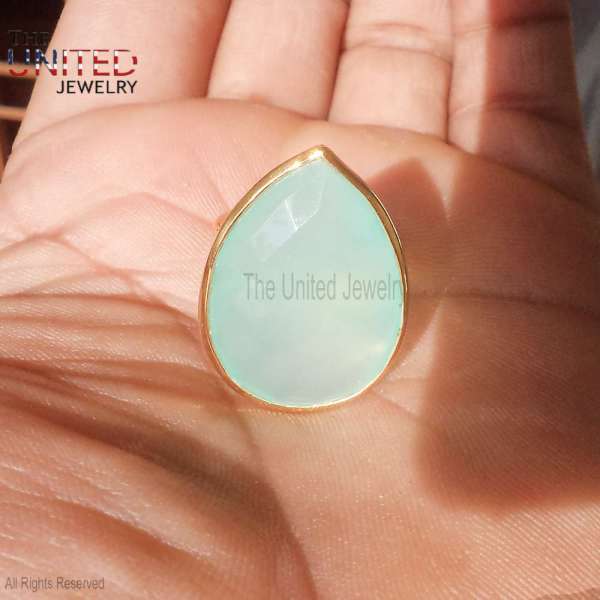 Handmade 925 Sterling Silver Pear-Cut Aqua Chalcedony Bezel Ring