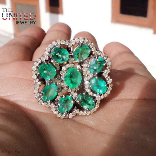 Handmade 925 Sterling Silver Emerald Floral Cluster Statement Ring