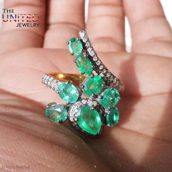 Natural Emerald Cluster Statement Ring in 925 Sterling Silver
