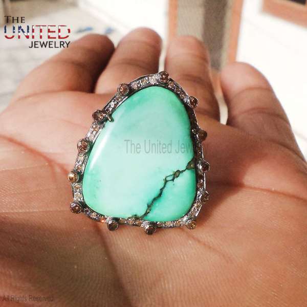 Handmade 925 Sterling Silver Raw Turquoise Oxidized Pavé Statement Ring