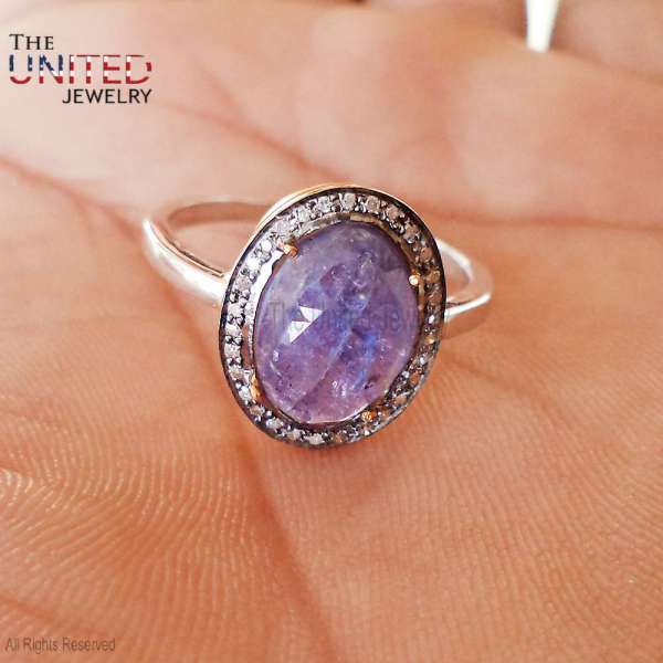 925 Sterling Silver Oval Lavender Tanzanite Halo Statement Ring