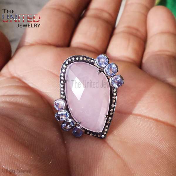 Natural Rose Quartz Statement Ring in 925 Sterling Silver