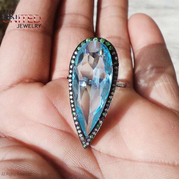 Handmade 925 Sterling Silver Blue Topaz Elongated Teardrop Cocktail Ring