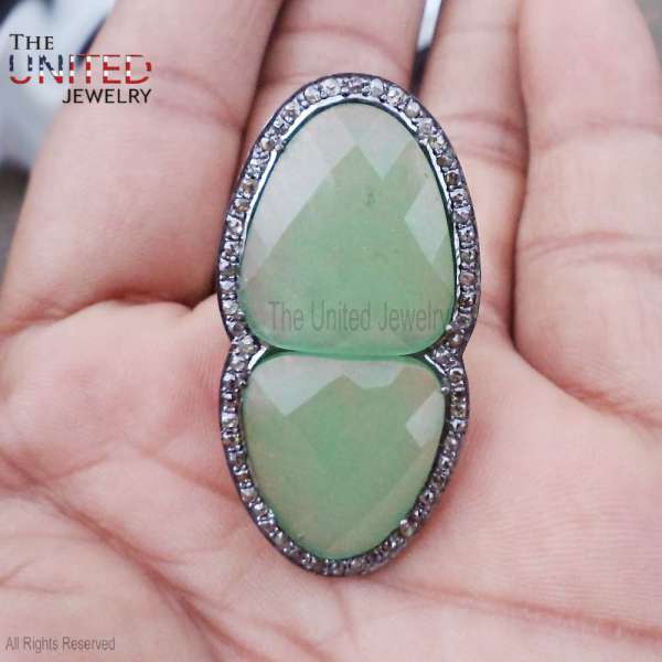 Handmade 925 Sterling Silver Elongated Green Chrysoprase Statement Ring