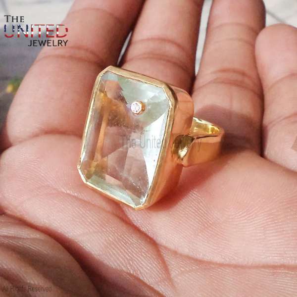 Handmade 925 Sterling Silver Gold Vermeil Emerald-Cut Green Amethyst Statement Ring