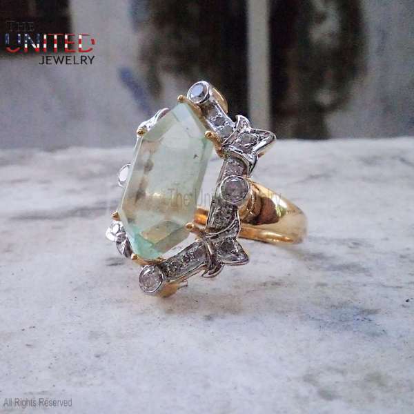 Handmade 925 Sterling Silver Hexagon Green Amethyst Two-Tone Statement Ring