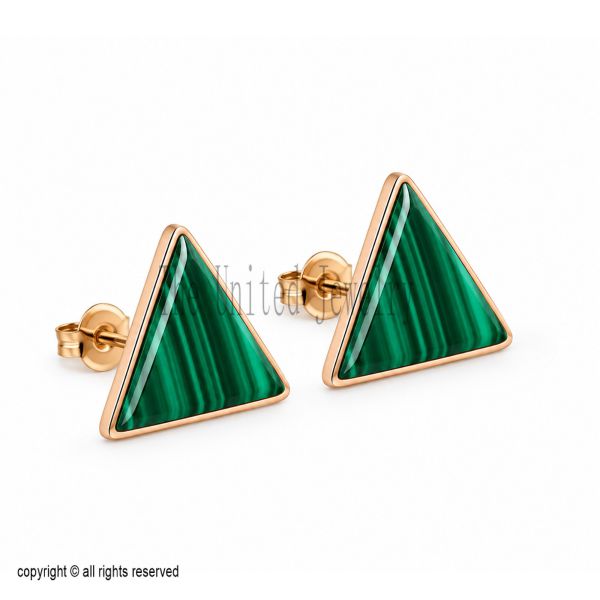 Solid 925 Sterling Silver Malachite Triangle Stud Earrings, Rose Gold Finish Geometric Gemstone