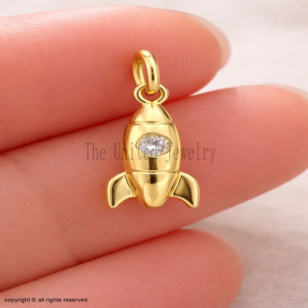 14K Gold Rocket Diamond Pendant, Tiny Space Charm, Minimalist Handmade Jewelry