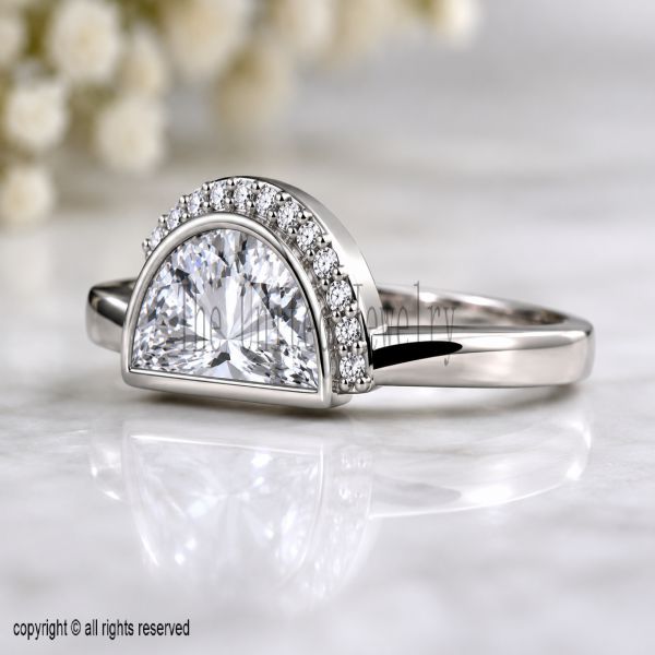 925 Sterling Silver Half Moon Ring, Pavé Halo Geometric Statement Ring
