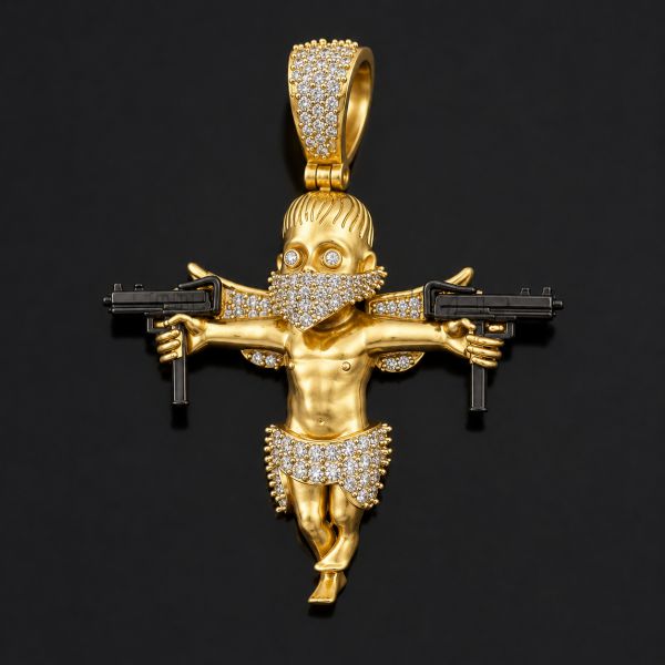 925 Sterling Silver Hip Hop Baby Pendant, Gold Plated Iced Out Charm, CZ Diamond Gun Pendant