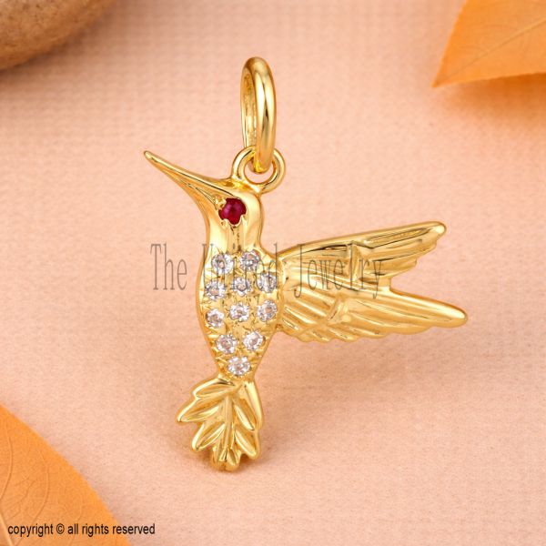 925 Sterling Silver Hummingbird Pendant, Gold Bird Necklace, Hummingbird Charm, Nature Jewelry