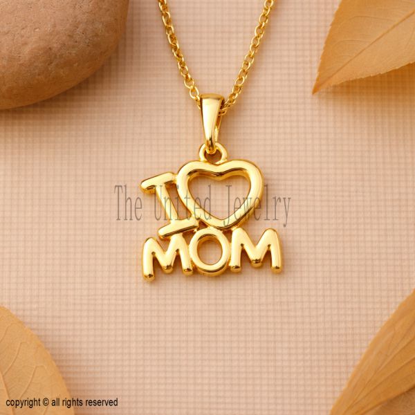 925 Sterling Silver I Love Mom Pendant, Gold Heart Mom Necklace, Mother Gift Jewelry,