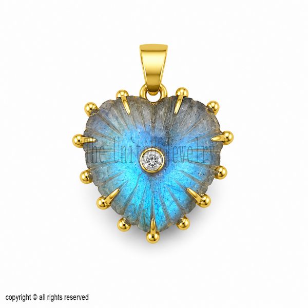 925 Sterling Silver Labradorite Heart Pendant, Carved Heart Gemstone Necklace with Diamond Accent 925 Sterling Silver Labradorite Heart Pendant, Carved Heart Gemstone Necklace with Diamond Accent