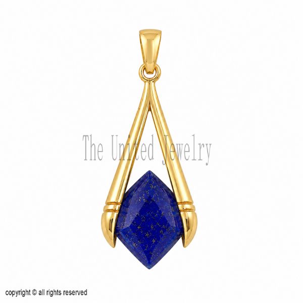 925 Sterling Silver Lapis Lazuli Pendant, Geometric Blue Gemstone Necklace, Minimalist Statement Charm