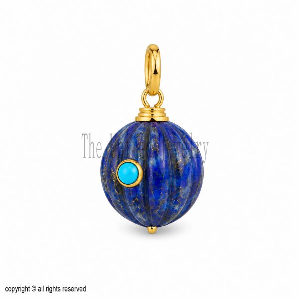 925 Sterling Silver Lapis Lazuli Pumpkin Charm Pendant, Gold Vermeil Blue Gemstone Pendant