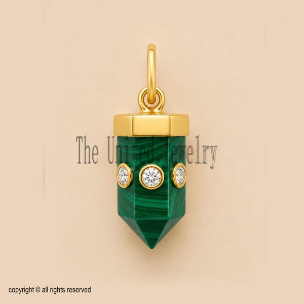 925 Sterling Silver Malachite Pencil Pendant, White Moissanite Gemstone Charm, Crystal Point Necklace
