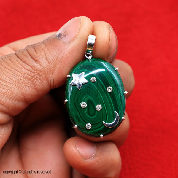 925 Sterling Silver Malachite Pendant, Star Moon Celestial Necklace Charm, Oval Green Stone Pendant