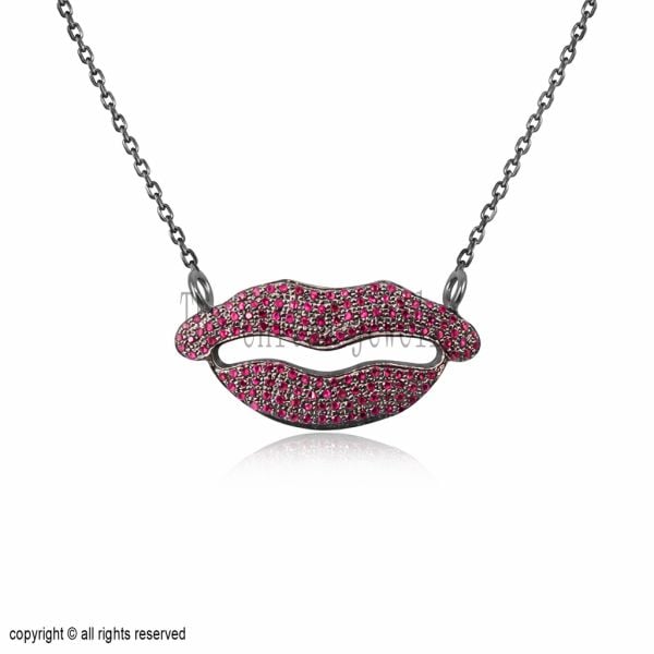 925 Sterling Silver Pave Ruby Lips Pendant Necklace, Statement Mouth Jewelry