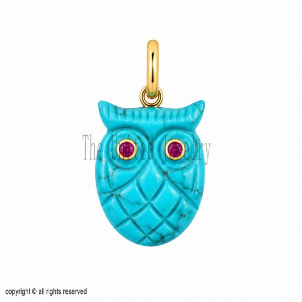 925 Sterling Silver Turquoise Owl Pendant, Owl Charm Necklace, Blue Gemstone Animal Jewelry