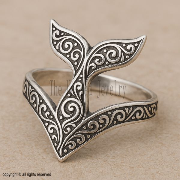 925 Sterling Silver Whale Tail Ring, Ocean Inspired Wrap Ring, Vintage Engraved Sea Jewelry